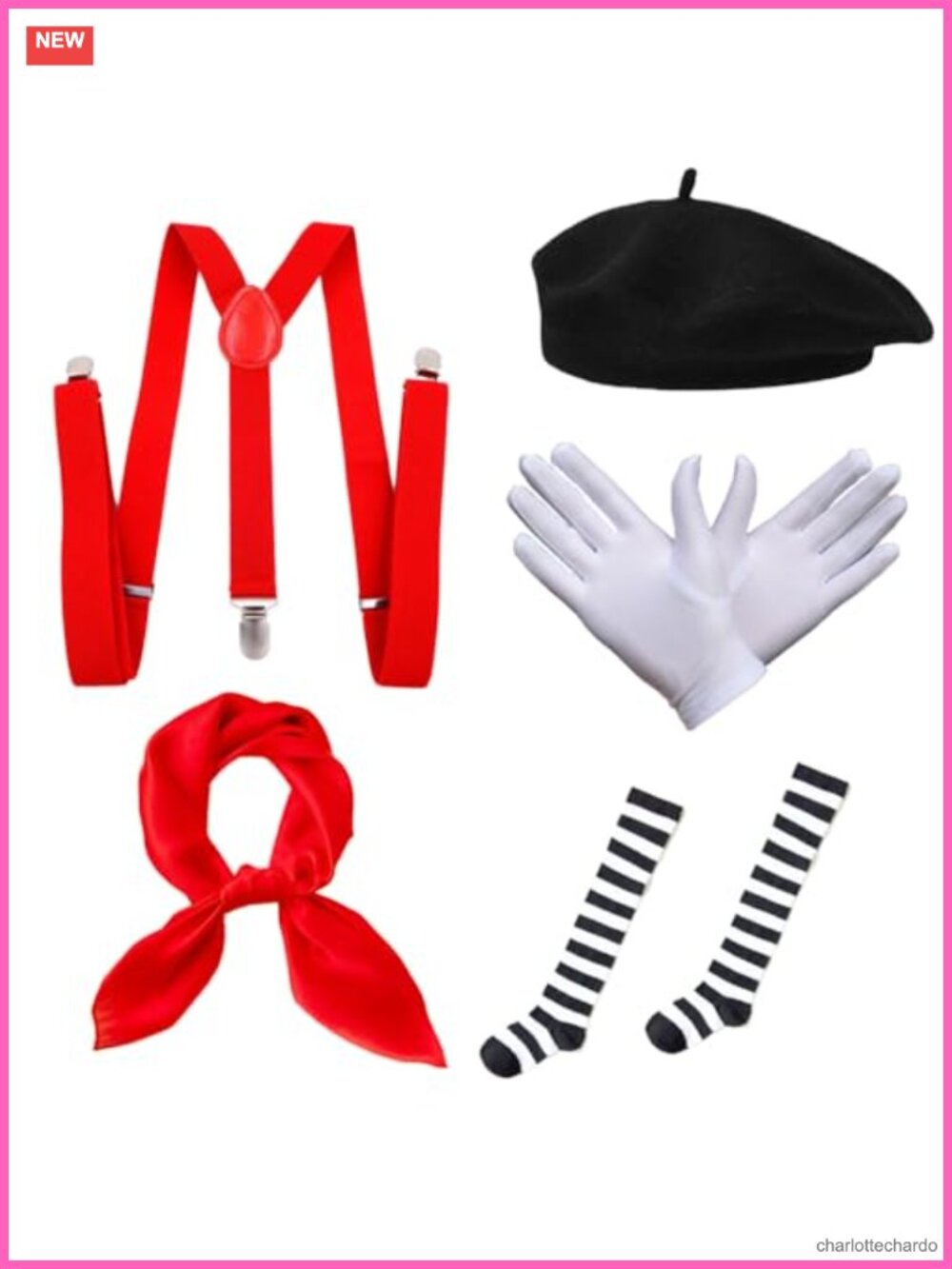 Mime Artist Costume Accessory Set Beret Scarf Gloves Socks Suspender French